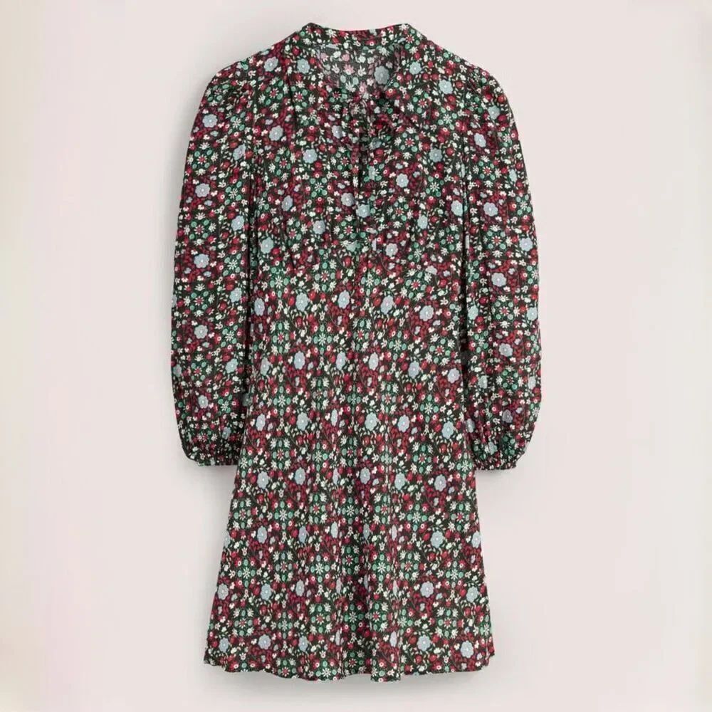 Boden 14L Tie Neck Shirt Dress Wildflower Black Long Blouson Sleeve